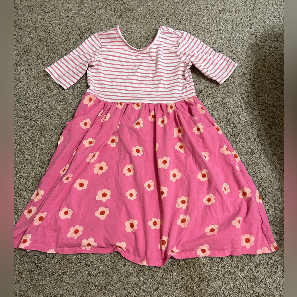 Quince Organic Cotton Skater Dress Pink Stripe Floral Girls Size 12 Spandex Soft